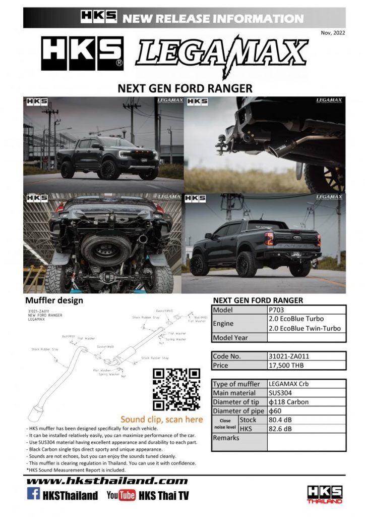 Pô đơn HKS cho Ford Ranger 2023 thông số